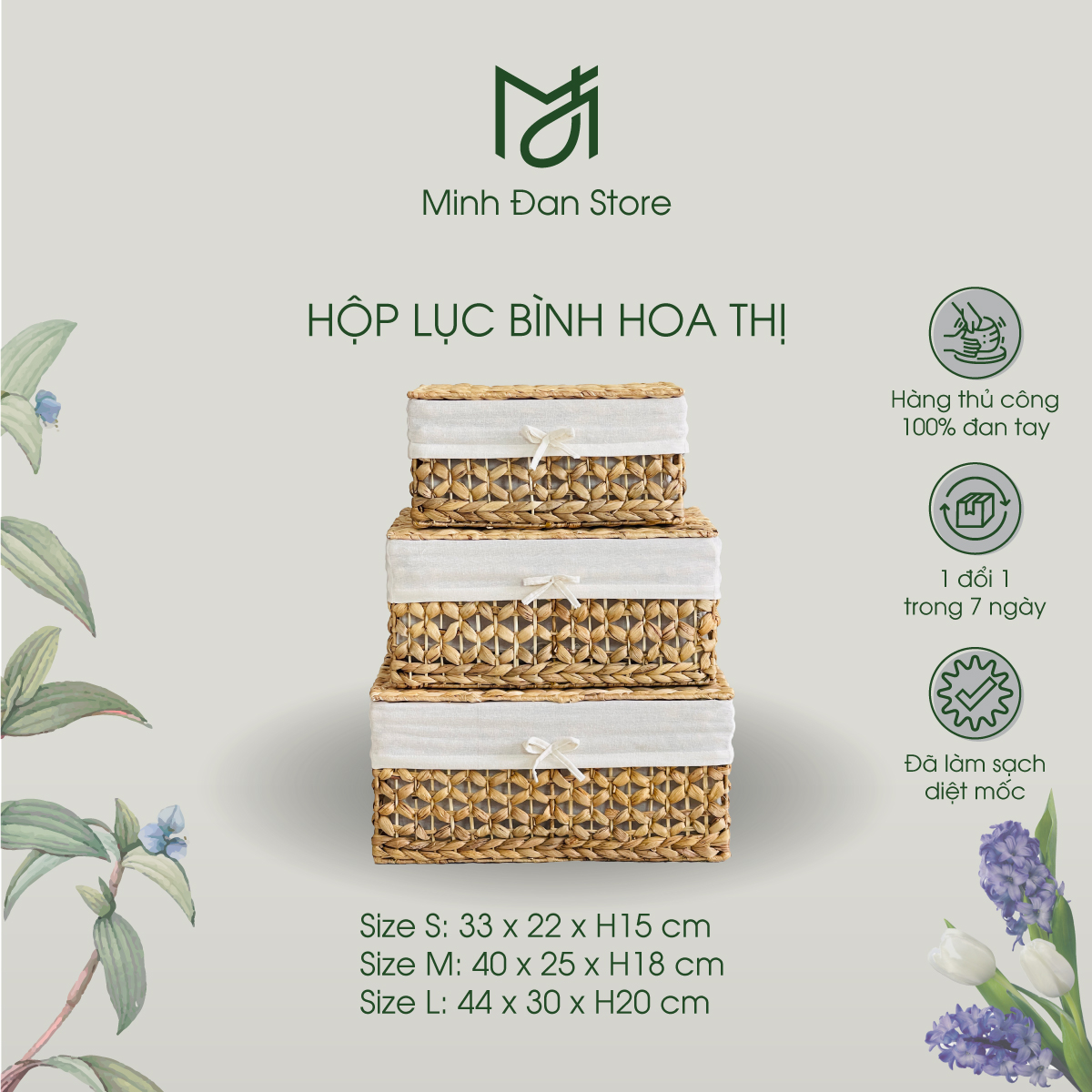 Giỏ lục bình đan hoa thị size S,M,L có nắp đựng đồ đa năng, đựng quần áo, đồ chơi, sắp xếp decor nhà cửa vintage