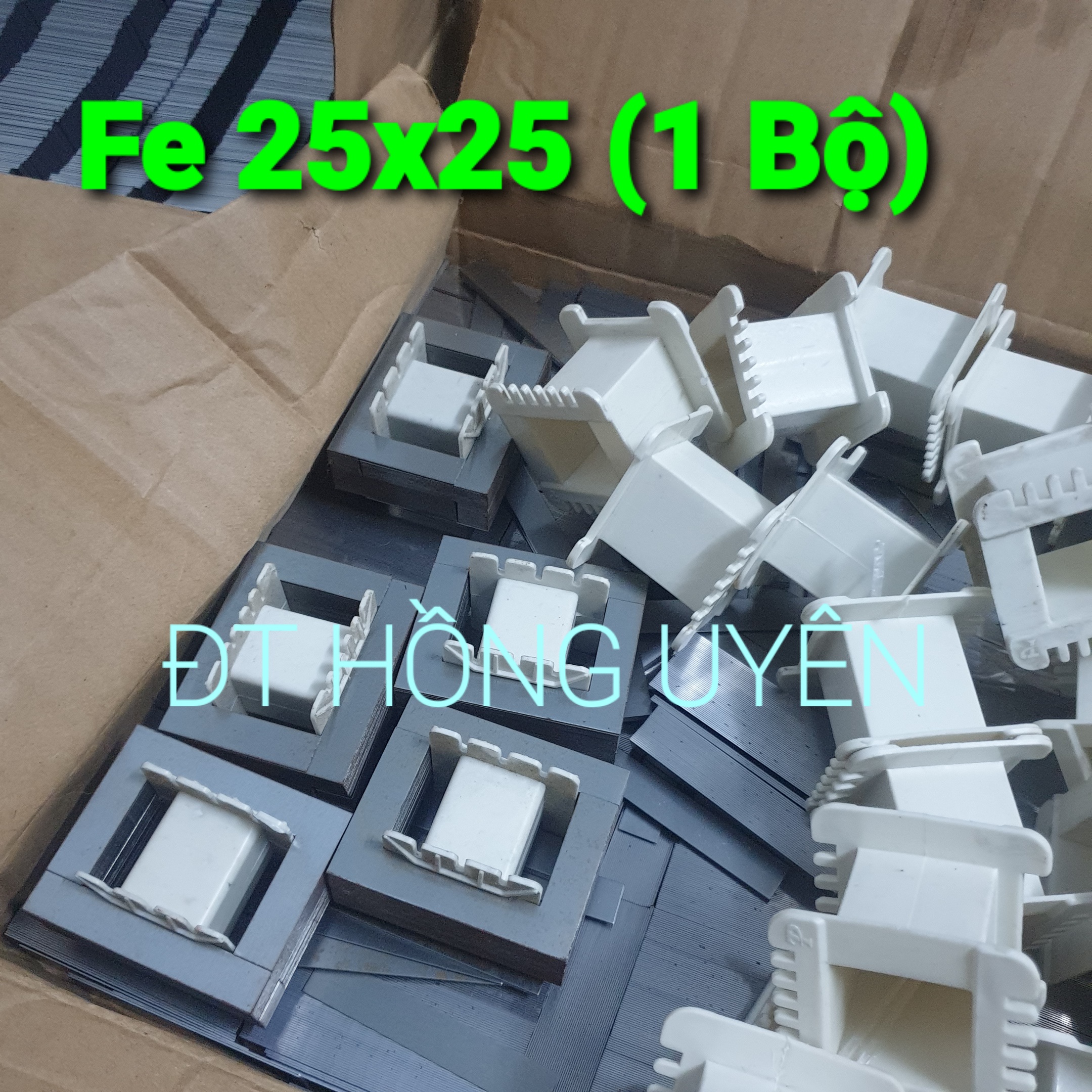 Phe biến áp 25x25. Phe quấn biến áp kích cơ. Fe biến áp có cả khuôn nhựa. Lõi biến áp vuông Ei