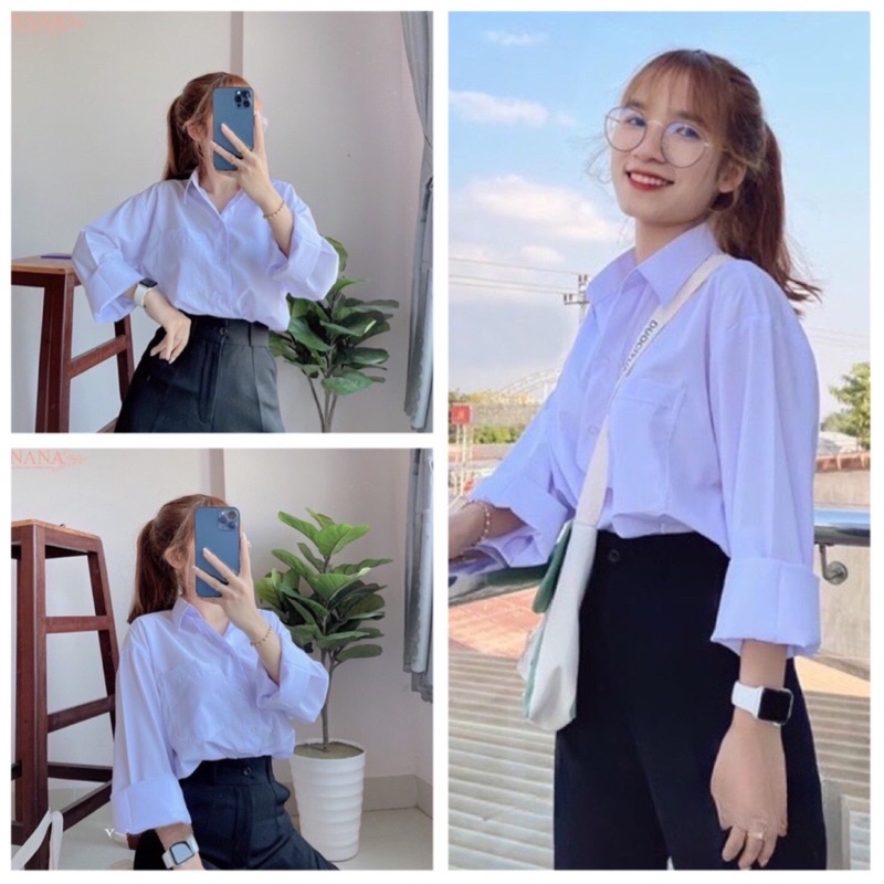 Áo sơ mi nữ tay dài học sinh đi học có túi form rộng basic loại 1