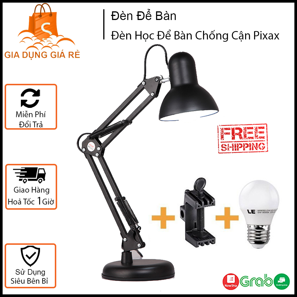 Đèn học để bàn chống cận pixax xoay 360 độ, thiết kế xoay 360 độ tặng kèm đế, kẹp, bóng đèn học