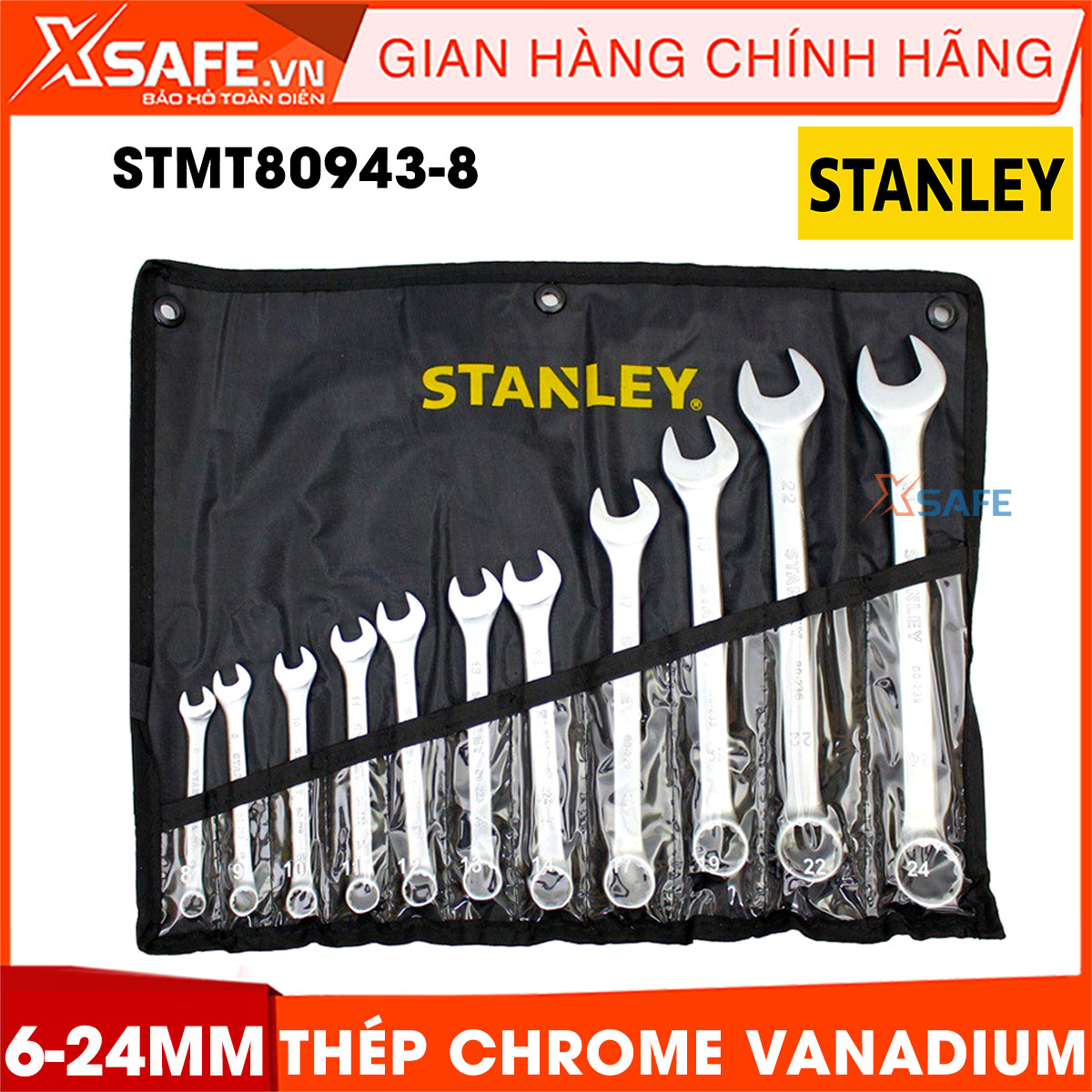 Cờ lê bộ vòng miệng 12 cây 6-24MM STANLEY STMT80943-8 được rèn từ thép Chrome Vanadium. Cờ lê Stanley gồm các size phổ biến nhất, đặc tính chống trượt, kèm túi ni lông chịu tải nặng