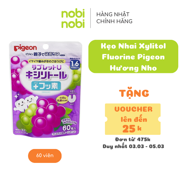 Kẹo Nhai Xylitol Fluorine Pigeon Hương Nho (60 viên) (Hàng chính hãng)