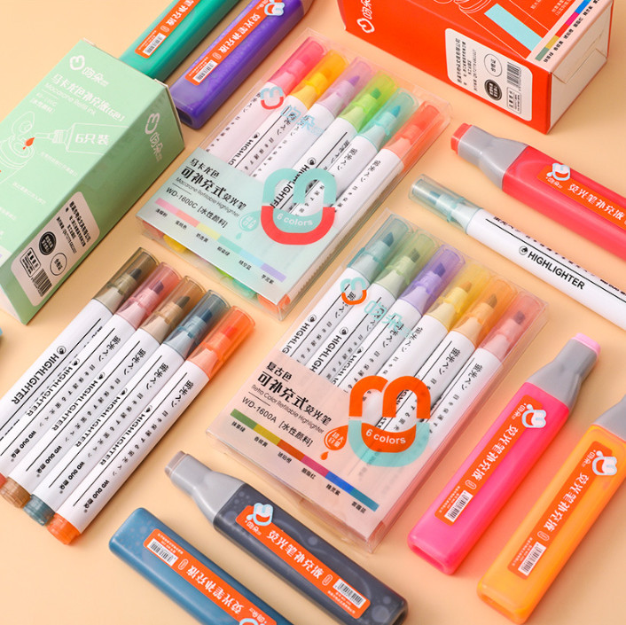 Set 6 bút dạ quang, bút highlight, bút đánh dấu kèm bộ tiếp mực cực kì tiện dụng LILA S6BTM