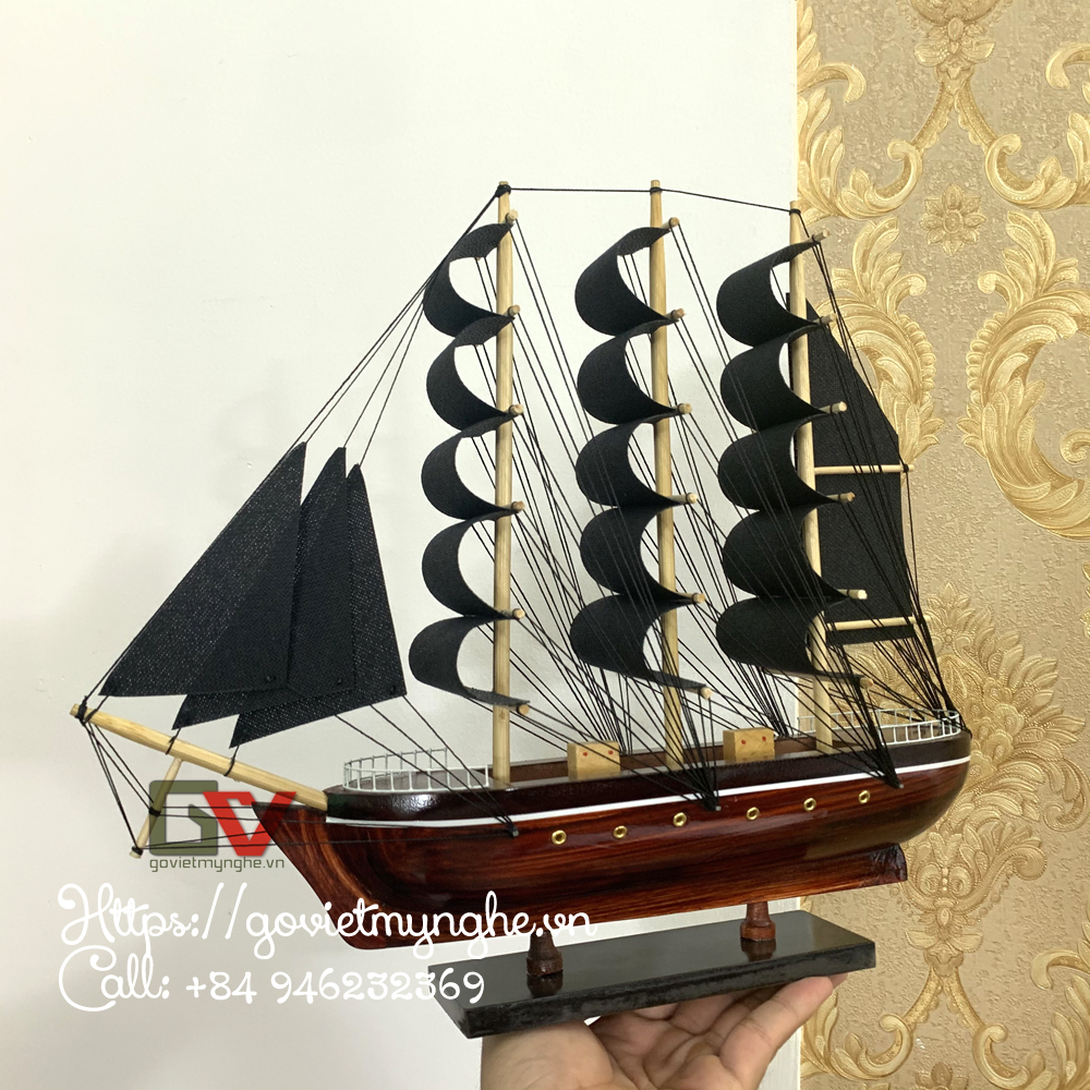 [HCM]Mô hình tàu thuyền buồm gỗ trang trí Tàu Belem Pháp - Dài 32cm - Buồm Vải Màu Đen