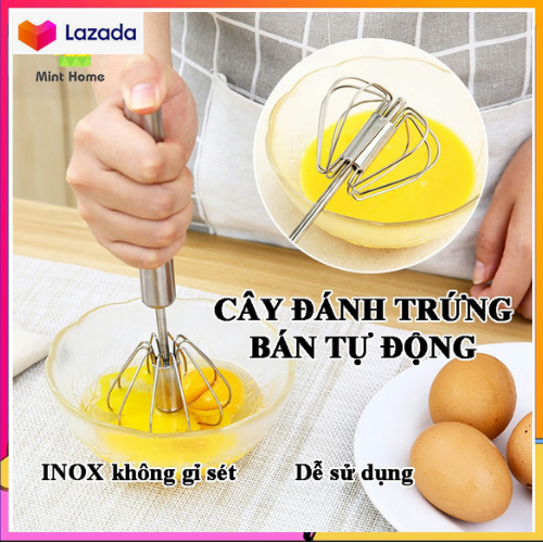 Cây đánh trứng cầm tay bán tự động thông minh, Cây phới lồng tròn đánh trứng thép không gỉ inox 304 có trục xoay dể dàng vệ sinh.