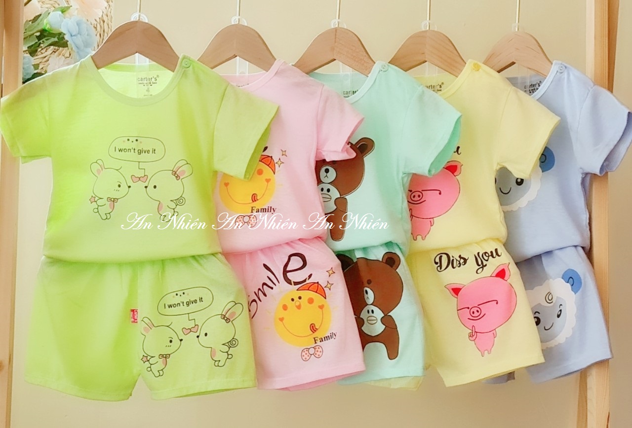 Combo 5 bộ quần đùi áo cộc tay cotton 2 chiều họa tiết Heo hồng, động vật cho bé 3-15kg