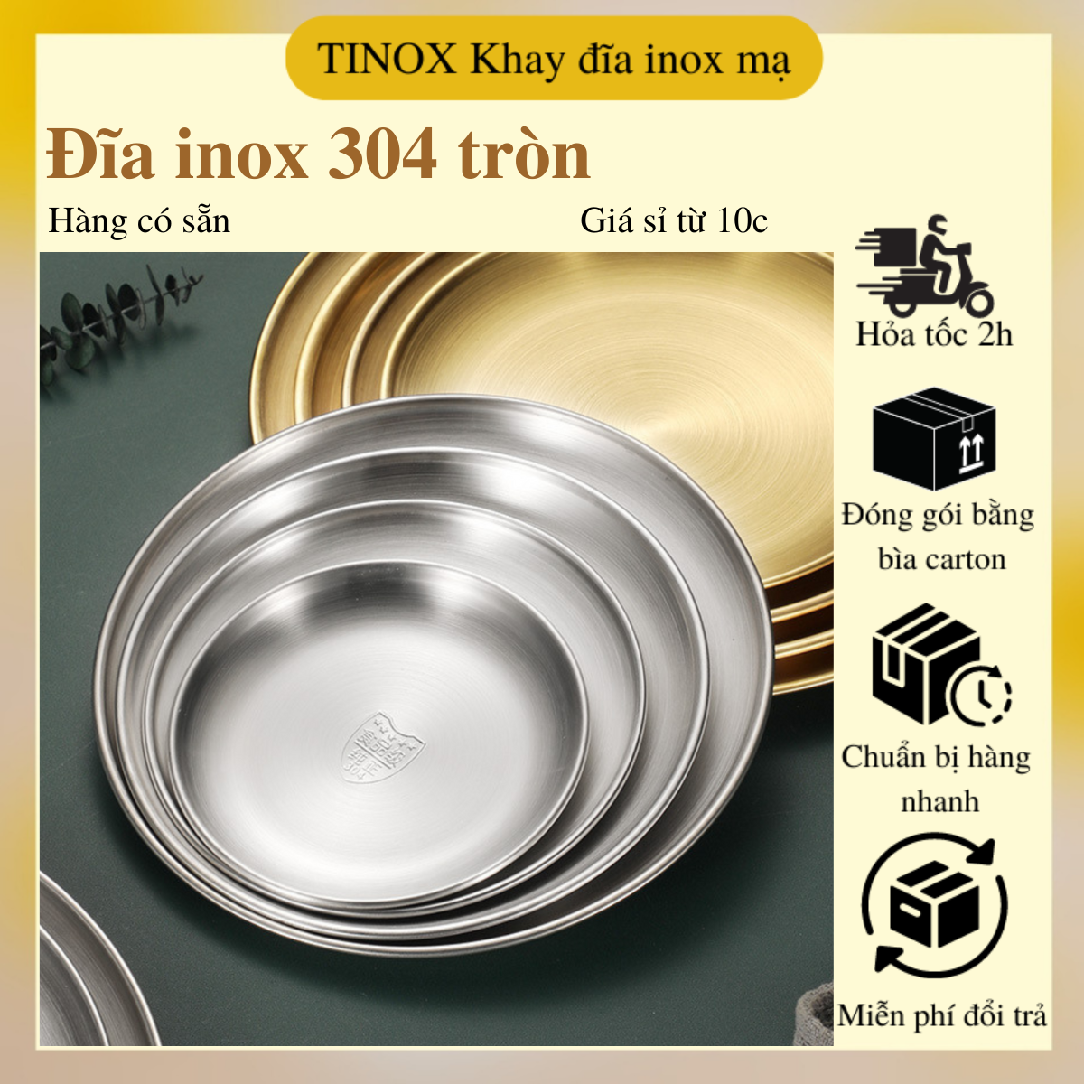 Đĩa inox 304 TINOX đĩa tròn khay inox Hàn Quốc chuyên dụng đựng thức ăn bánh khó phai màu DI013