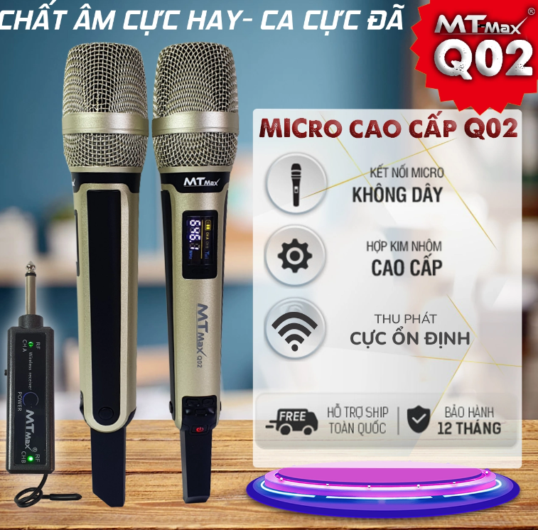 Micro Không Dây Đa Năng MTMAX Q02 - Micro không dây sử dụng cho mọi loại thiết bị âm thanh - Micro dành cho loa kéo, loa bluetooth, amply - Màn hình Led hiển thị thông số - Âm thanh cực hay