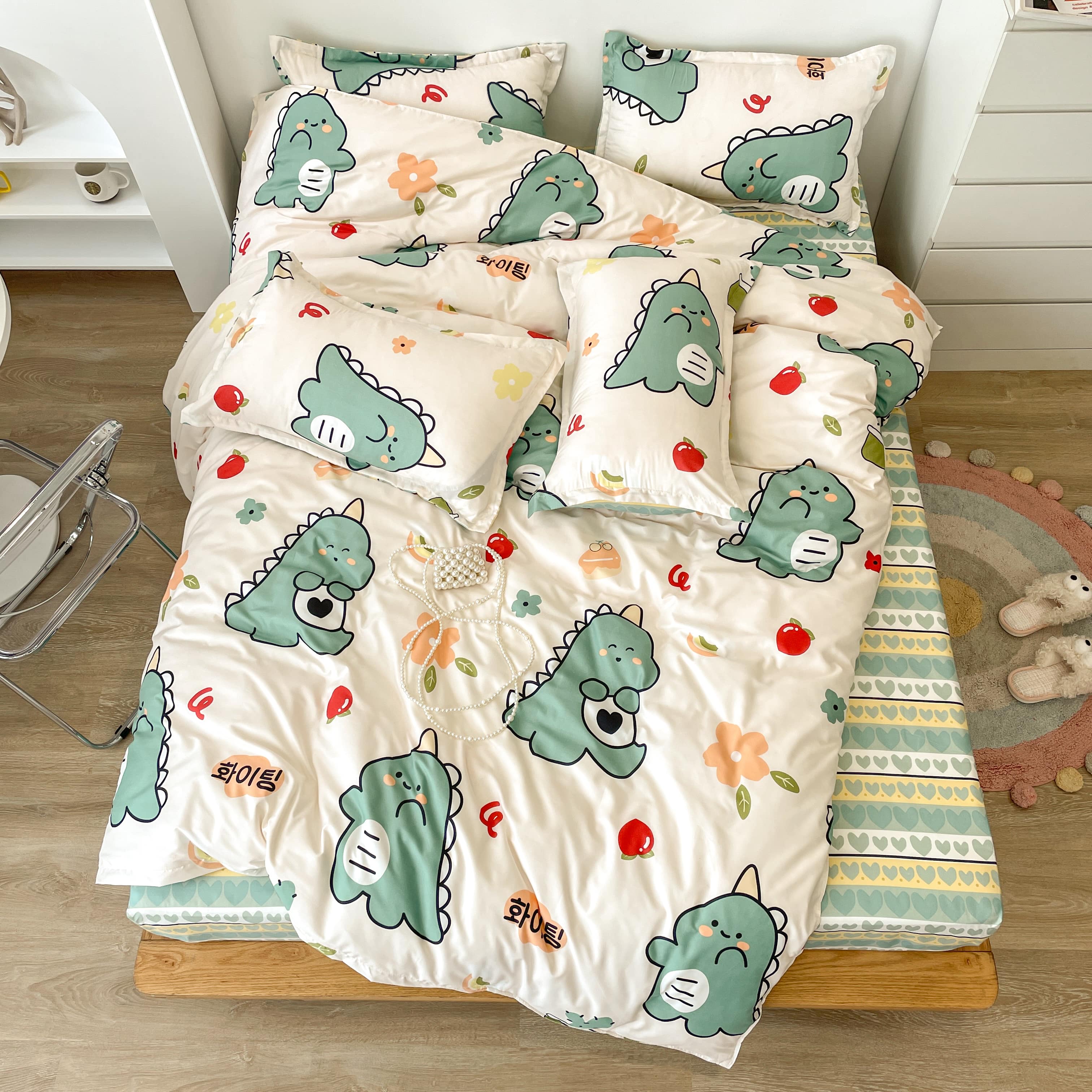Bộ 4 Món Vỏ Chăn Ga Gối Coton poly Khủng long cà chua cao cấp