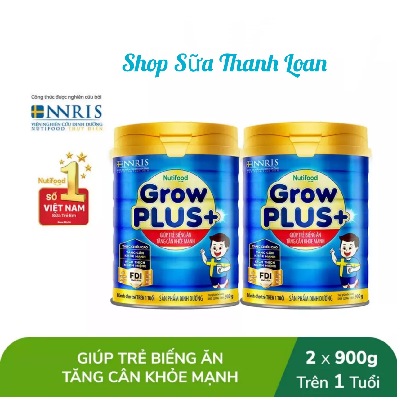 Combo 2 hộp sữa bột nutifood grow plus+ giúp trẻ biếng ăn tăng cân khỏe mạnh 900g.