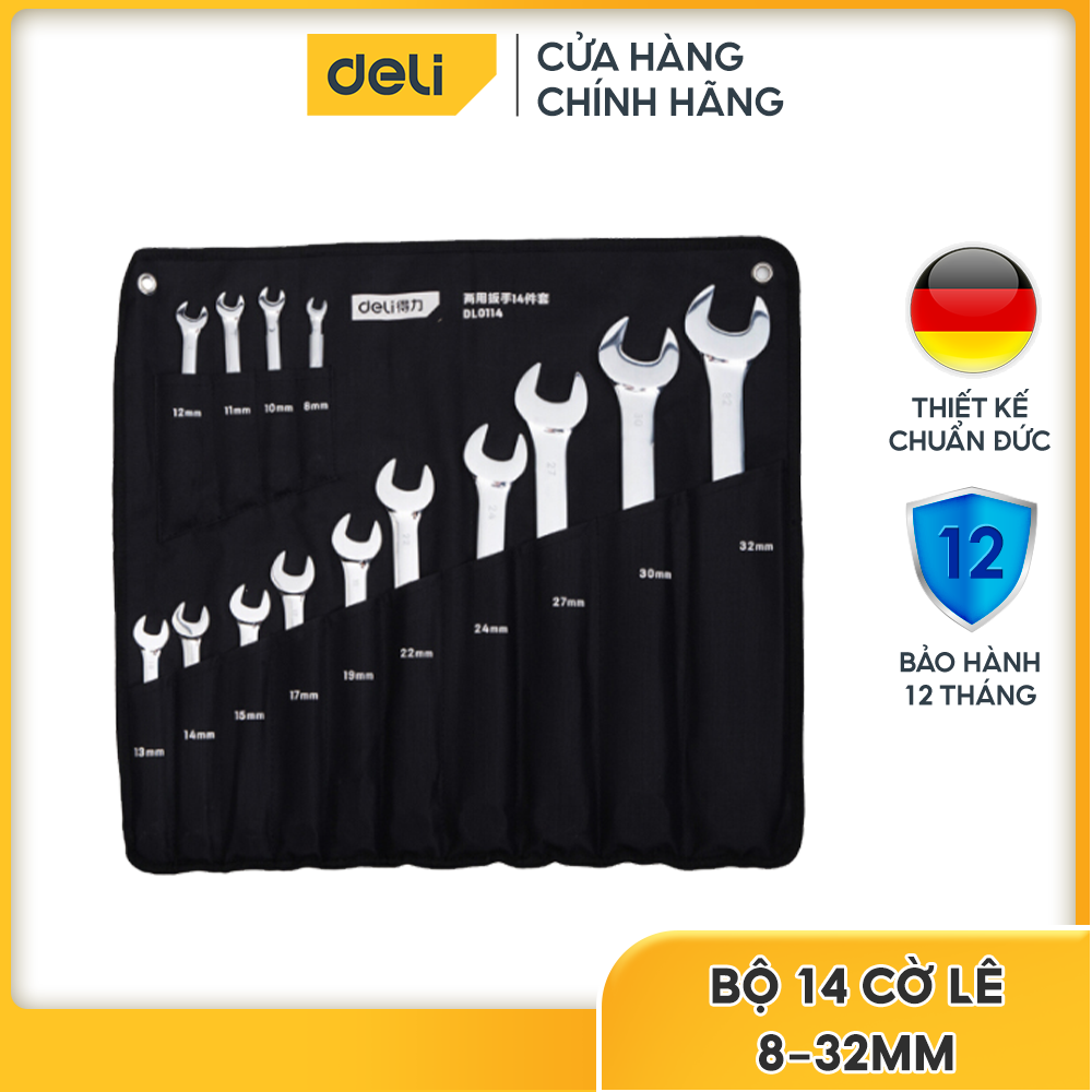 Bộ 14 Cây Cờ Lê Khóa Vòng Miệng Đầy Đủ Kích Thước 8mm đến 32mm Thép Cr-V Không Gỉ Deli DL0114 Nhập Khẩu Chính Hãng - Bảo Hành 12 Tháng