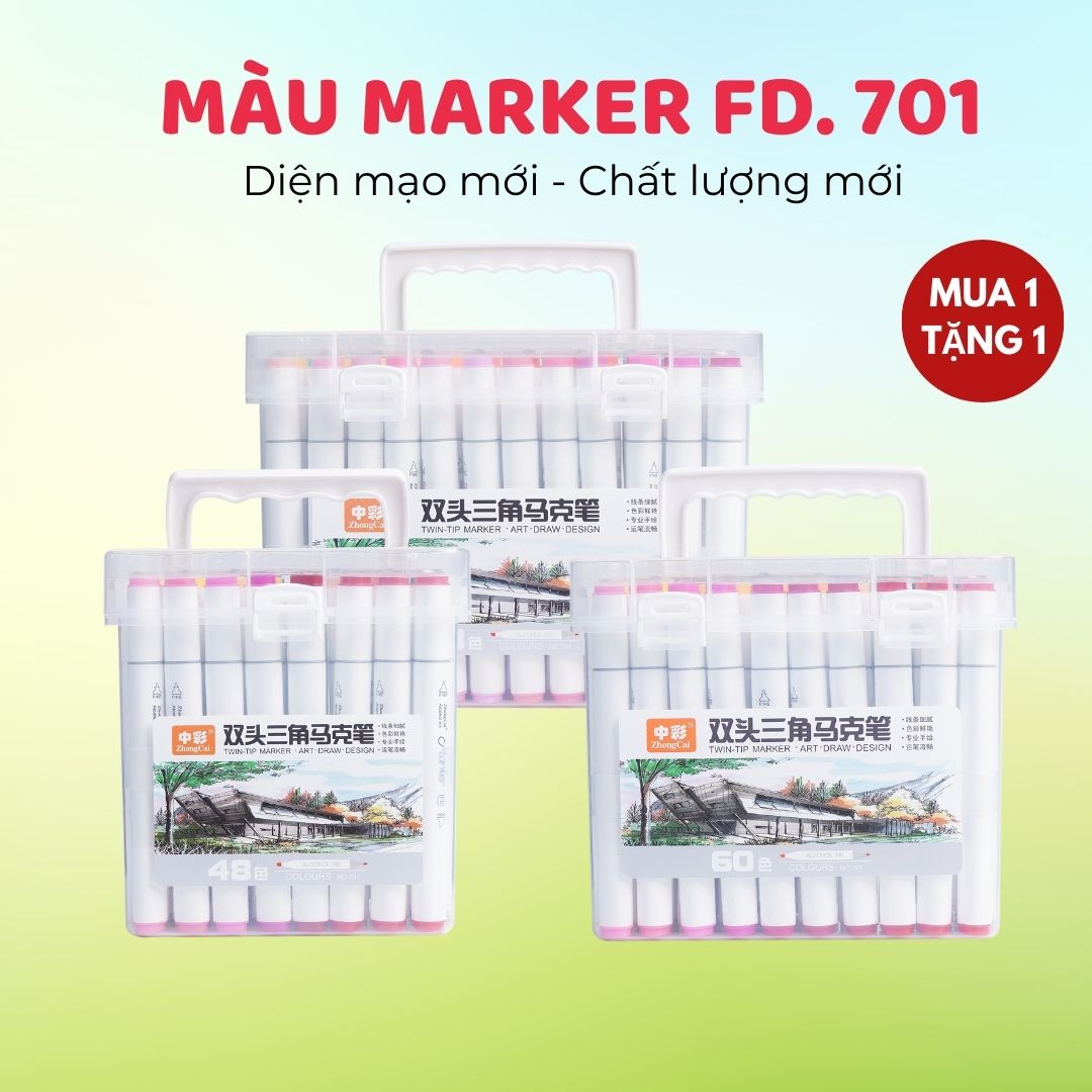 Bút màu marker zhongcai hộp nhựa 12/18/24/36/48 màu thân tròn hai đầu, bút marker vẽ tranh chuyên nghiệp no.701