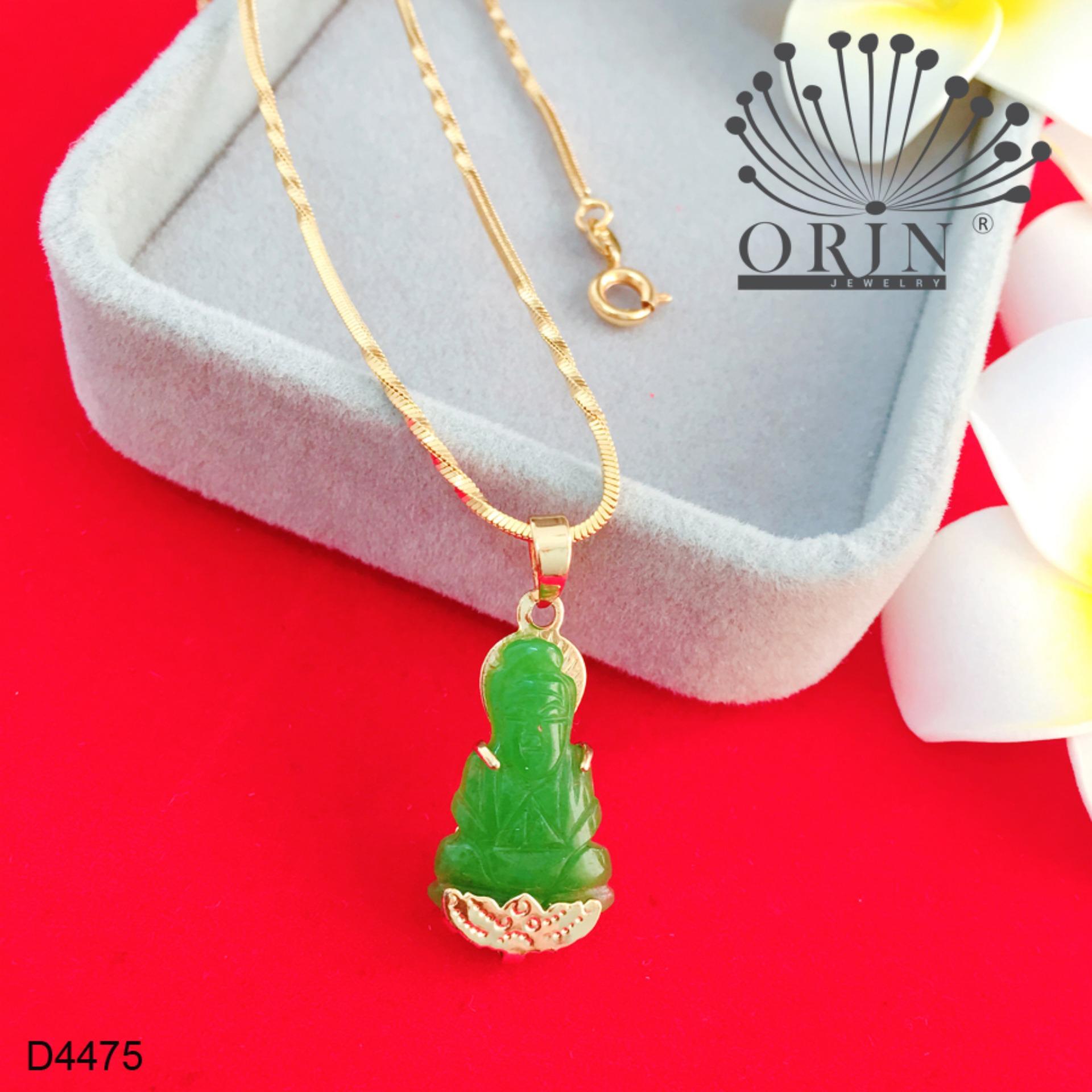 Dây chuyền mạ vàng 24 dạng mì xoắn mặt Phật Quan Âm màu xanh thạch đính đá thiết kế cao cấp Orin D4475 - Long Tien