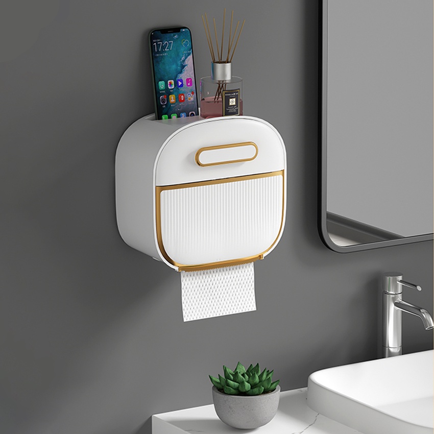 Hộp đựng giấy vệ sinh đa năng AMOS chất liệu ABS | Kệ để đồ nhà tắm 2 ngăn tiện lợi tặng kèm miếng dán