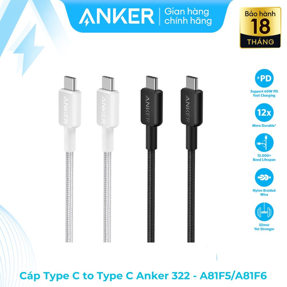 Cáp type c to type c anker 322 - a81f5/a81f6/hàng chính hãng bảo hành 18 tháng