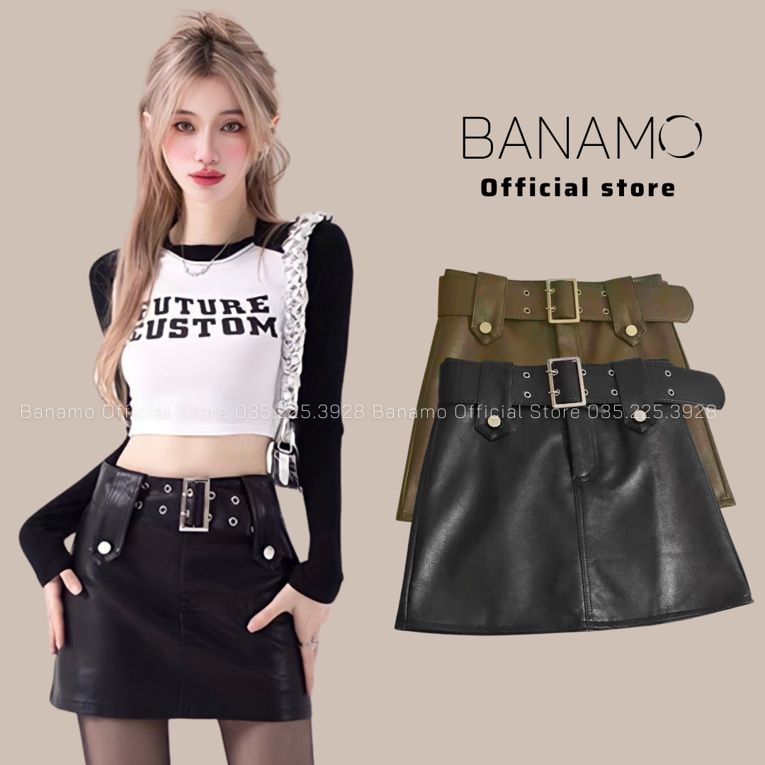 Chân váy da Banamo Fashion váy da kèm đai dáng ngắn 5925