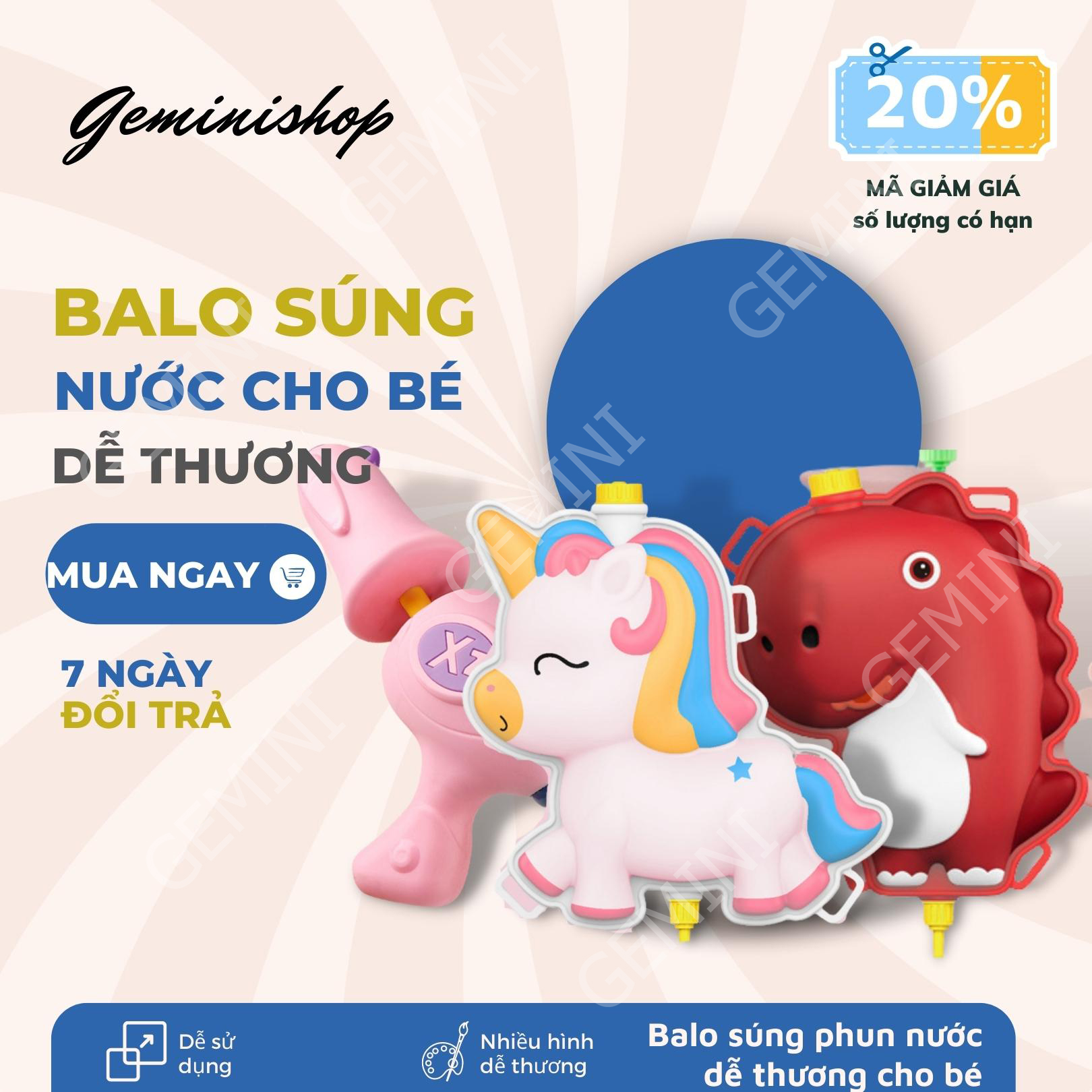 ĐỒ CHƠI BALO súng nước CHO BÉ TRAI BÉ GÁI VUI VẺ VÀO NHỮNG NGÀY HÈ NÓNG NỰC (BA1) GEMINI SHOP