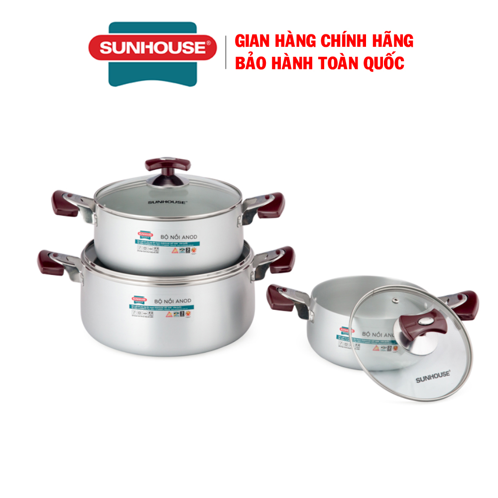 Bộ nồi anod sunhouse sh8833eb - bộ nồi bếp gas - bộ nồi nhôm - bộ nồi bếp hồng ngoại - quai núm được nhập khẩu từ hàn quốc