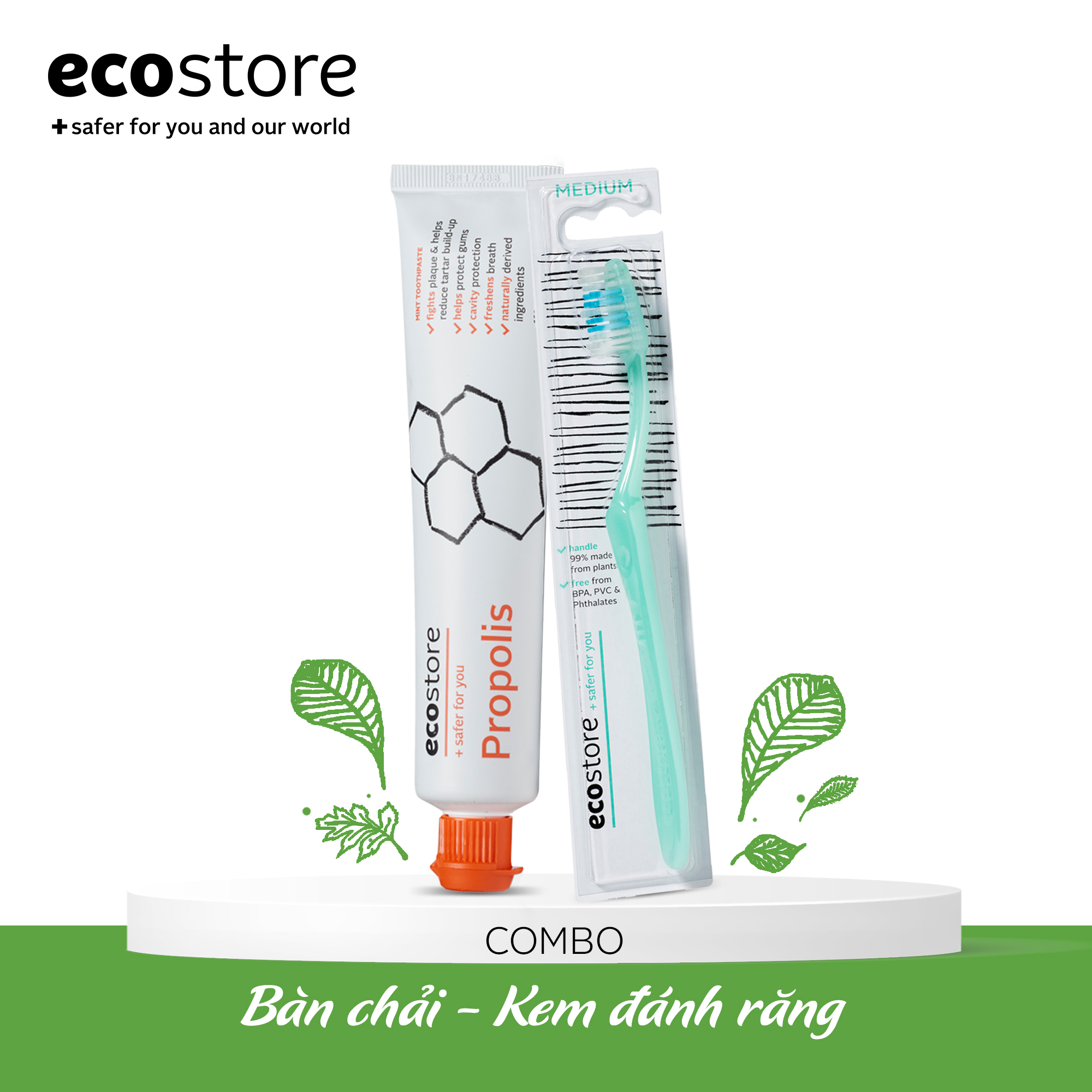 Combo kem đánh răng gốc thực vật ECOSTORE 100gr và bàn chải lông thường