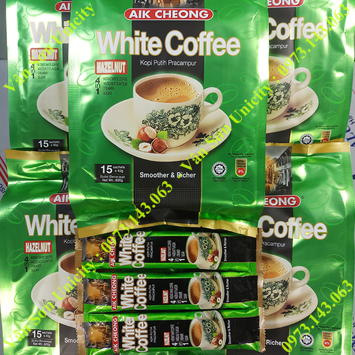 05 bịch Cà phê trắng vị Hạt Phỉ Hazelnut Aik Cheong 600g (15 gói dài x 40g)