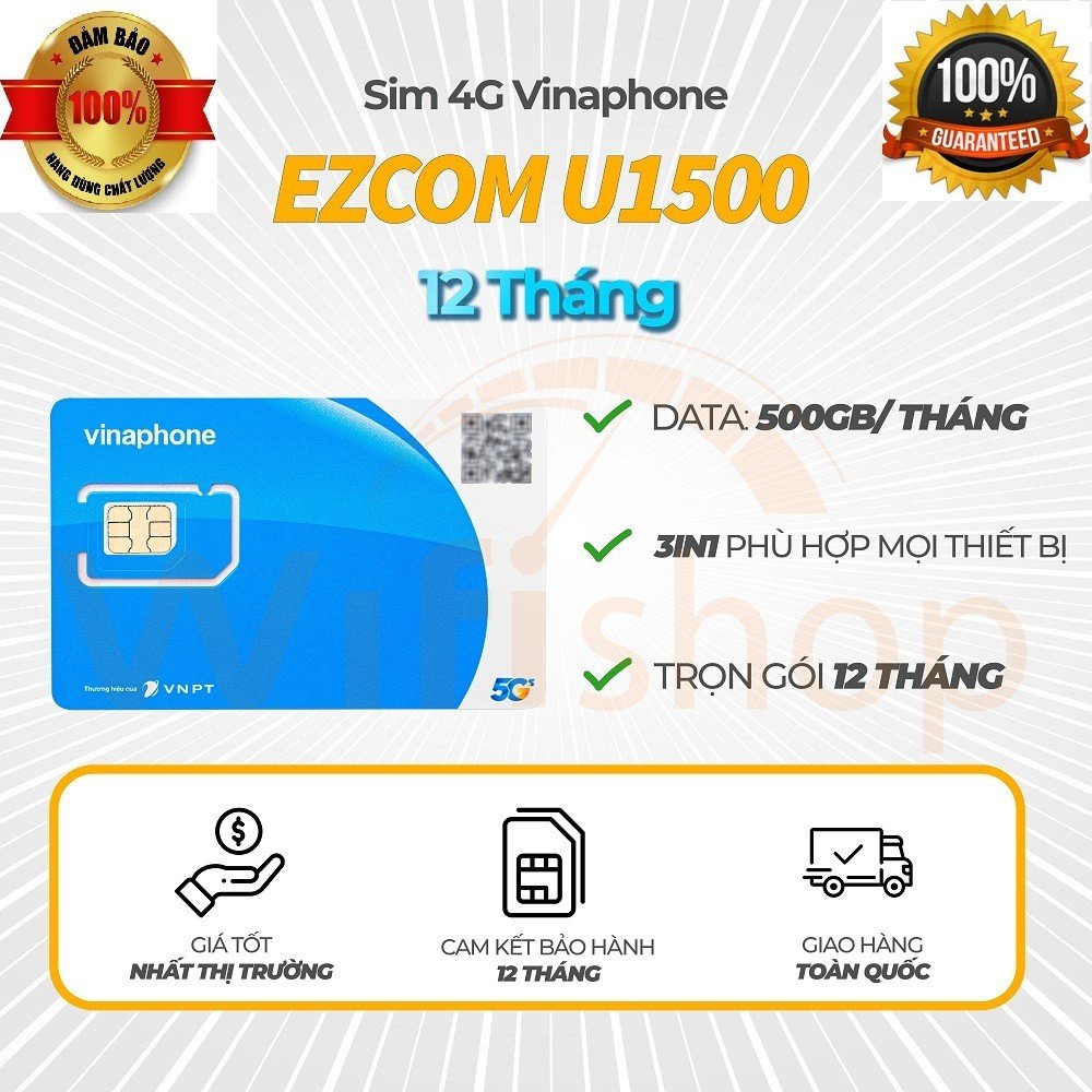 SIM 4G VINAPHONE U1500 KHÔNG GIỚI HẠN DATA 500Gb 1 tháng tốc độ cao 4G nhanh suốt 24/24 FREESHIP - CHƯA KÍCH HOẠT.