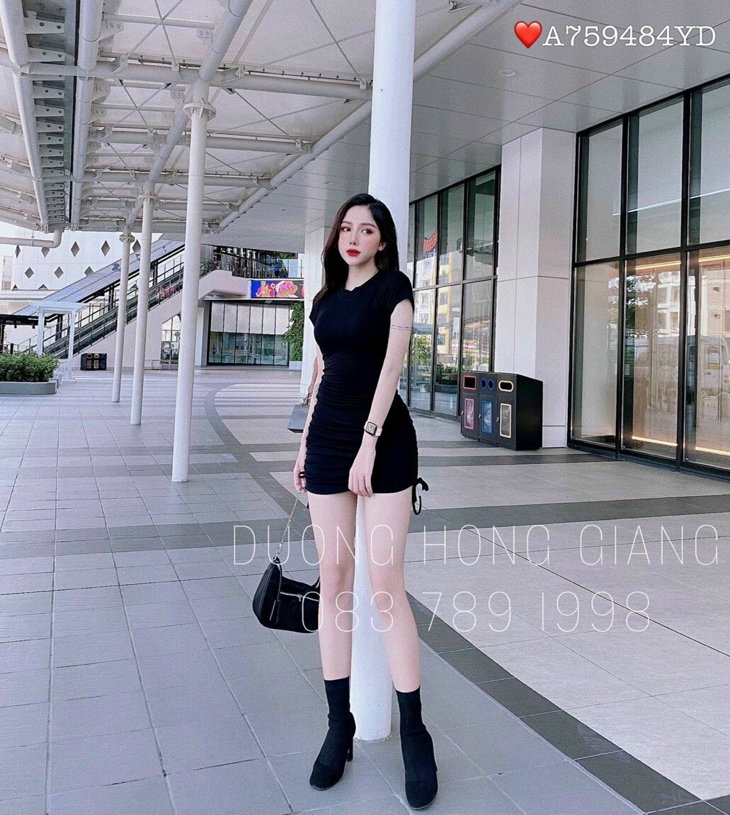 Váy đầm nữ body cổ tròn nhúm hông cột nơ