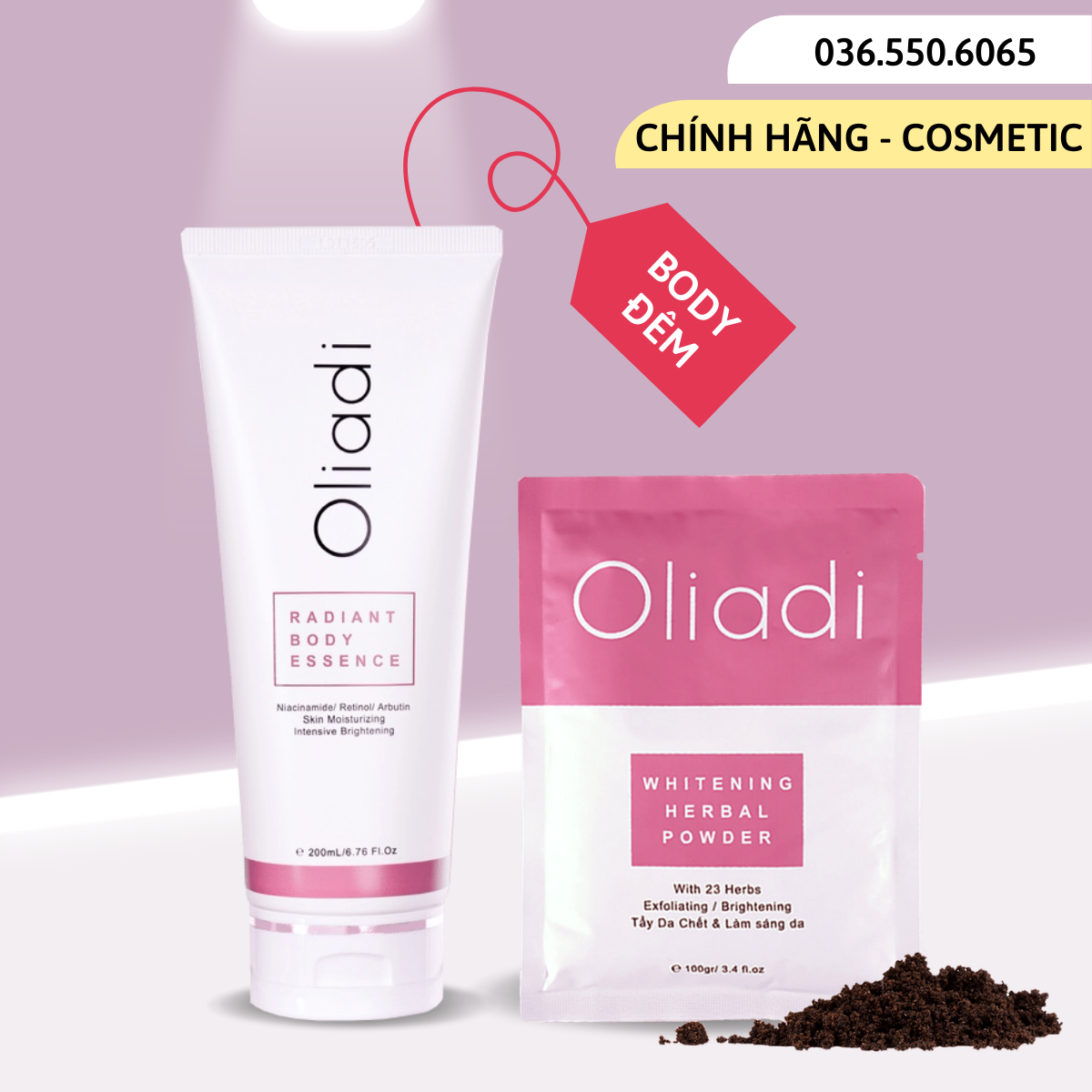 Combo tinh chất body ban đêm oliadi 200ml + 1 gói bột tắm trắng thảo mộc oliadi 100g - dưỡng ẩm trắng da