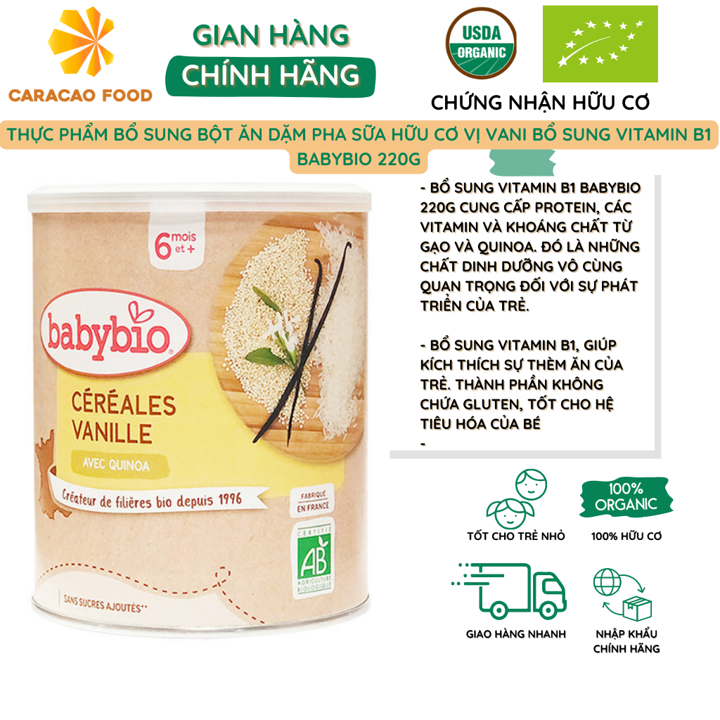 Thực phẩm bổ sung bột ăn dặm pha sữa hữu cơ vị vani bổ sung vitamin B1 Babybio 220g, Thực phẩm cho bé (từ 6 tháng)