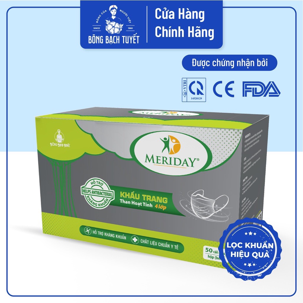 Khẩu trang y tế than hoạt tính Bông Bạch Tuyết - Meriday - 50 cái/Hộp