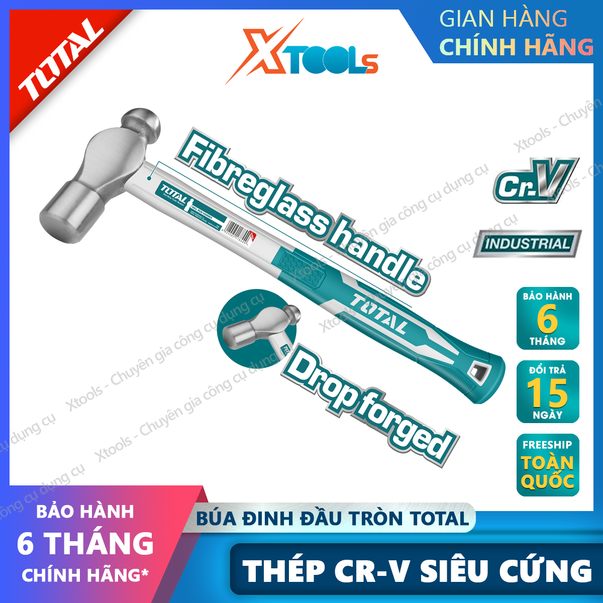 Búa đóng đinh đa năng TOTAL thép Cr-V búa đầu tròn cầm tay đóng đinh bê tông, tường, gỗ, sửa chữa cơ khíXTOOLs