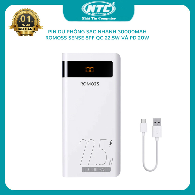 Pin dự phòng sạc nhanh romoss sense 8pf 30000mah lcd - hỗ trợ qc 22.5w và pd 20w hãng phân phối chính thức - nhất tín computer
