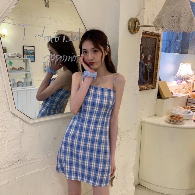Đầm 2 dây kẻ buộc eo , váy 2 dây kẻ caro ulzzang nhiều màu