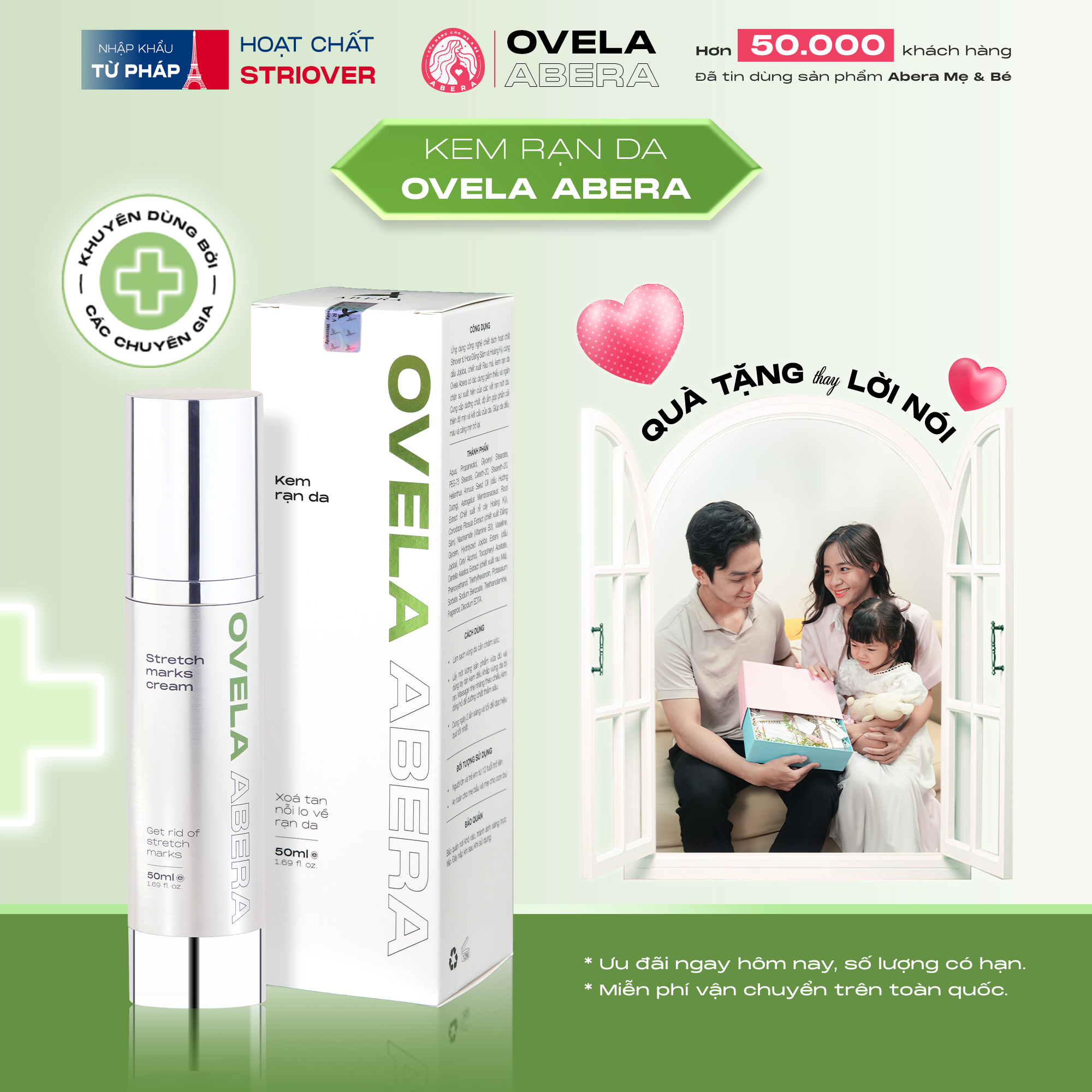 [CHÍNH HÃNG] Kem rạn da Ovela Abera - Hỗ trợ ngăn ngừa & giảm rạn da, mờ sẹo, săn chắc, trắng mịn