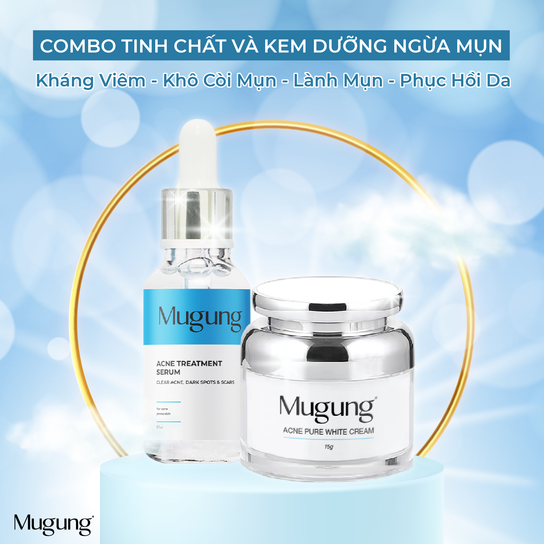 Combo ngăn ngừa mụn Mugung Serum Acne Treatment và Kem dưỡng da phục hồi không bong da bí quyết sạch bay mụn thâm,mụn bọc,mụn trứng cá, dành cho mọi loại da 15ml và 15gram