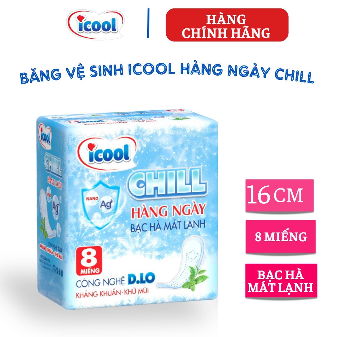 {Hàng chính hãng} Băng Vệ Sinh ICOOL CHILL  08 Miếng,  BVS hàng ngày 16cm, không cánh, MẶT VẢI mềm mại, bạc hà MÁT LẠNH