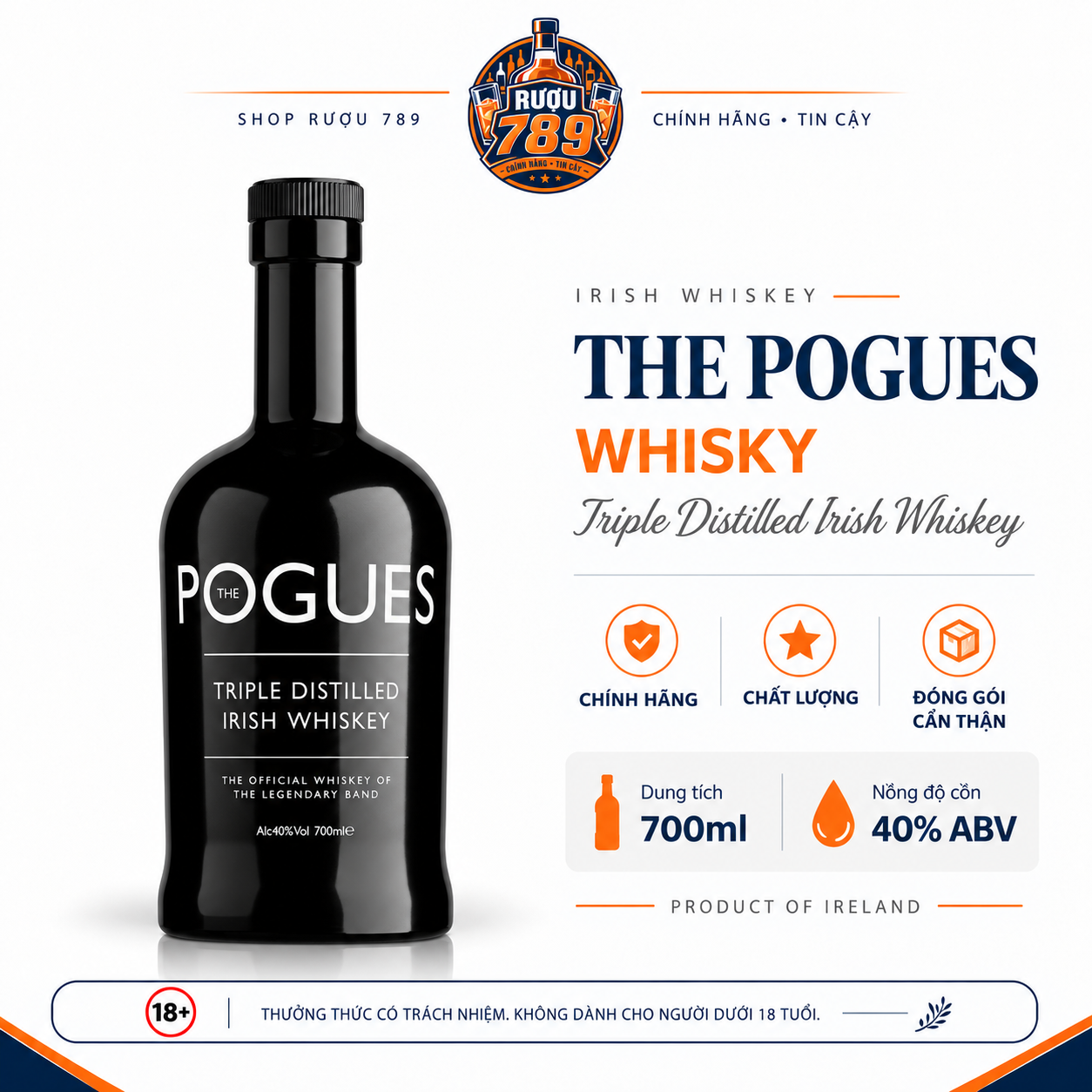 Rượu Whisky The Pogues Irish Whiskey 700ml – 40% | Ireland | Chính hãng | Rượu 789