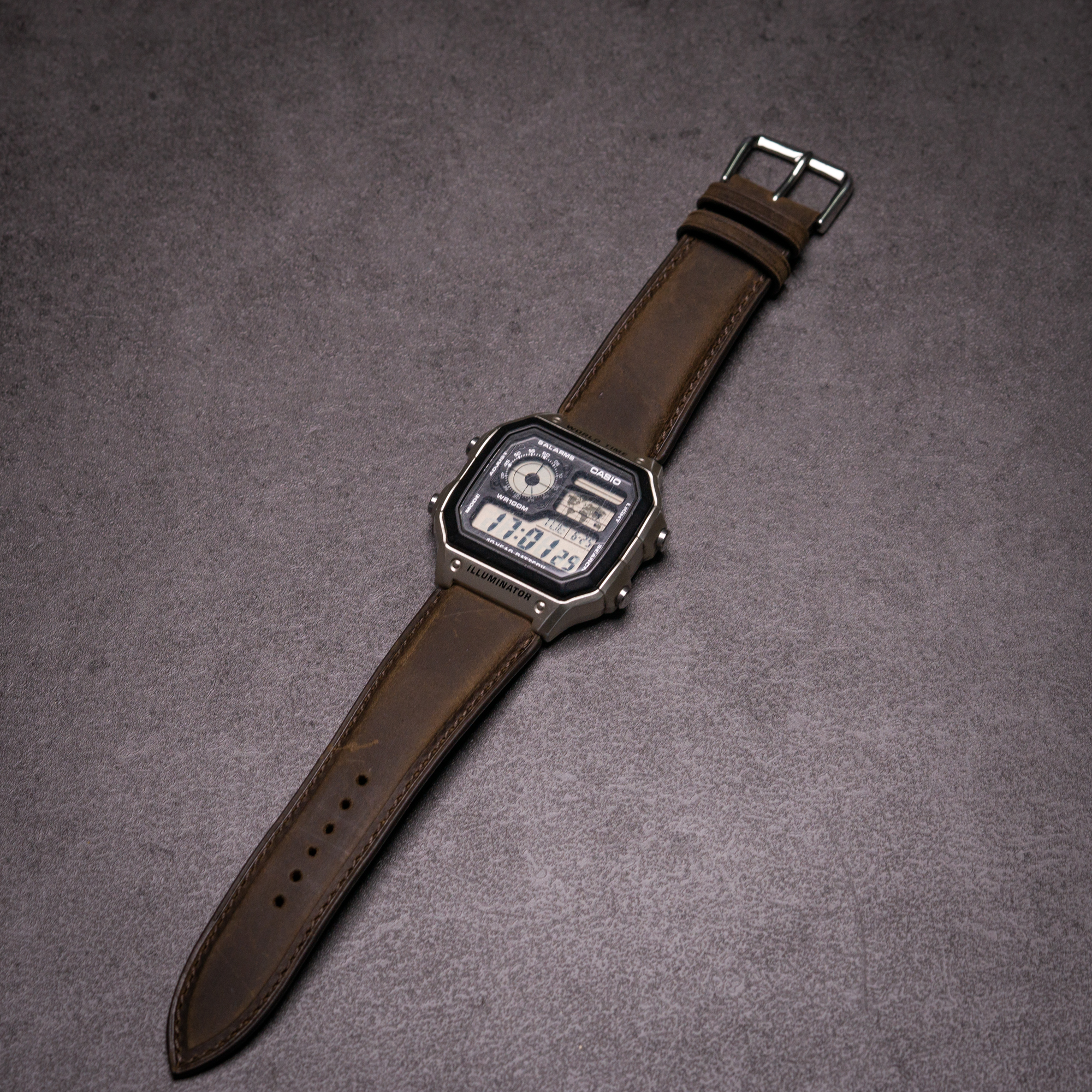 Dây đồng hồ da bò thật vintage da sáp khóa thép không gỉ casio World Time AE1200 AE-1200WH-1BVDF G-shock DW5600 Casio F91w