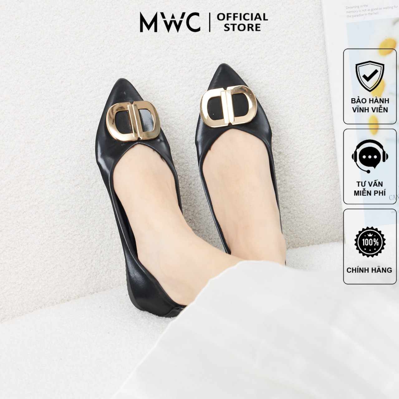 Giày Búp Bê thời trang MWC giày búp bê đế bệt mũi nhọn phối khóa nổi bật sang trọng màu đen kem NUBB- 2238
