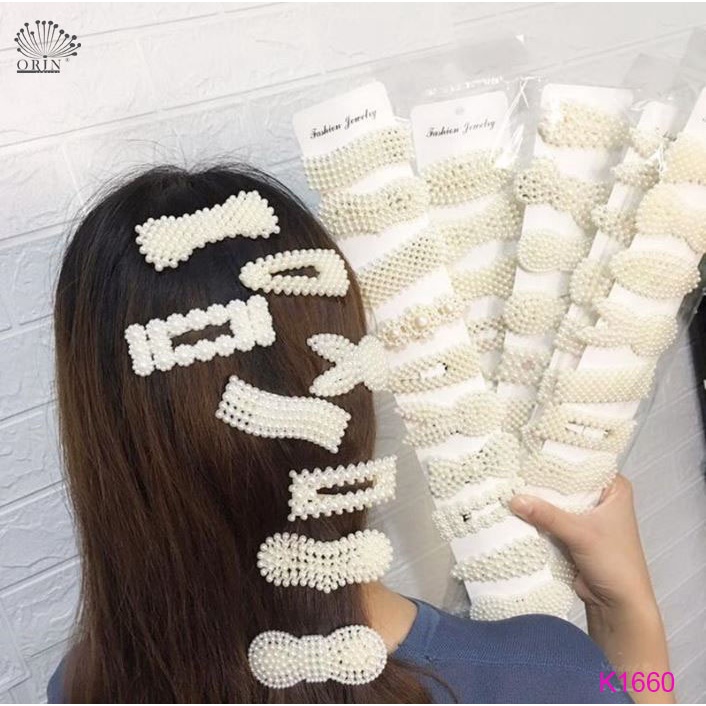 Vỉ kẹp tóc mái đính hạt ngọc phong cách hàn quốc siêu dễ thương