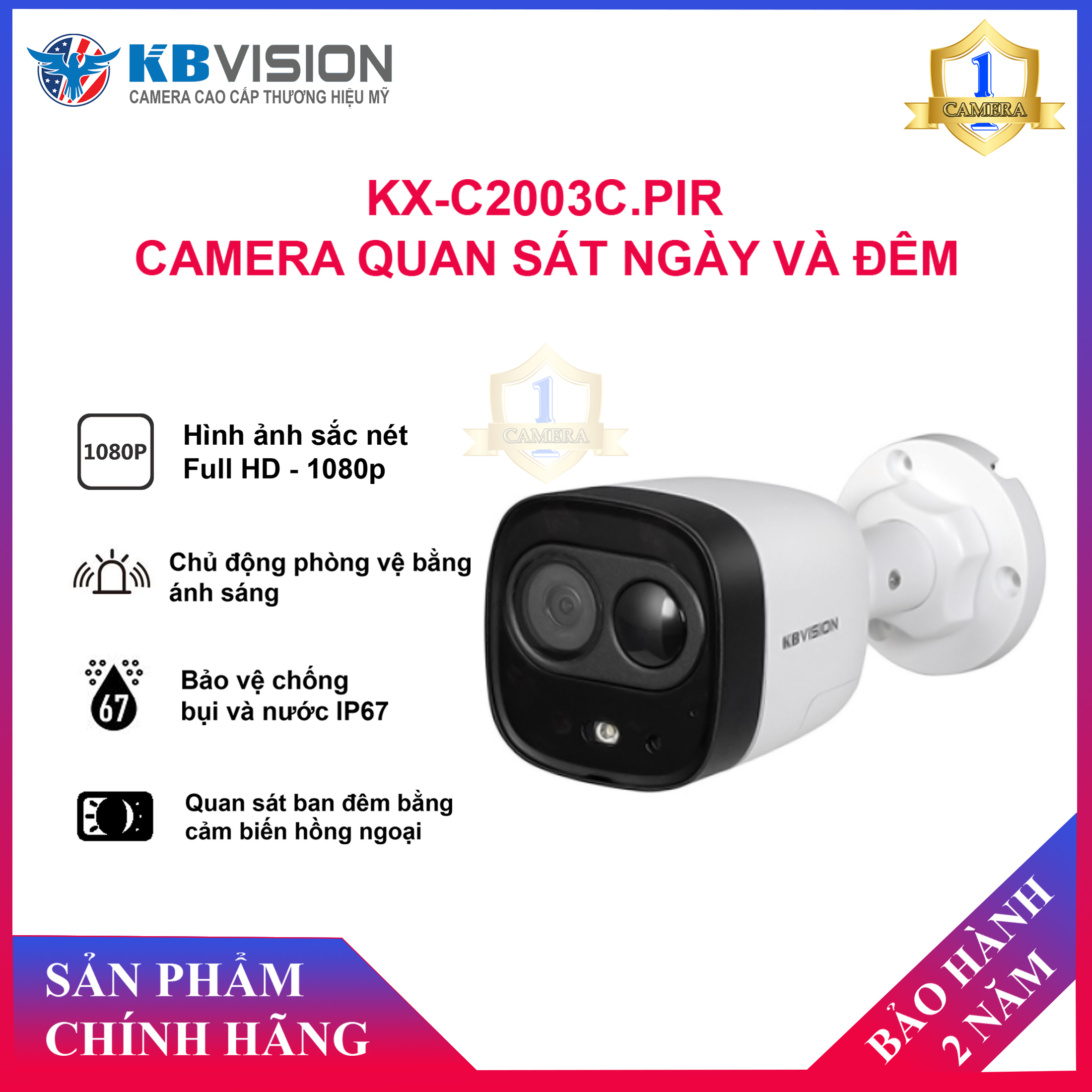 Camera hdcvi kbvision kx-c2003c.pir 2mp - tích hợp sẵn mic, chuẩn chống nước ip67 - camera số 1