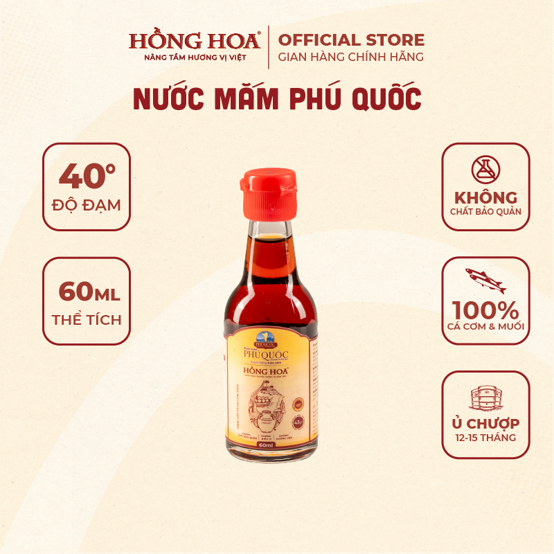 Nước mắm phú quốc hồng hoa 40 độ đạm 60ml, nước mắm nhĩ cá cơm truyền thống