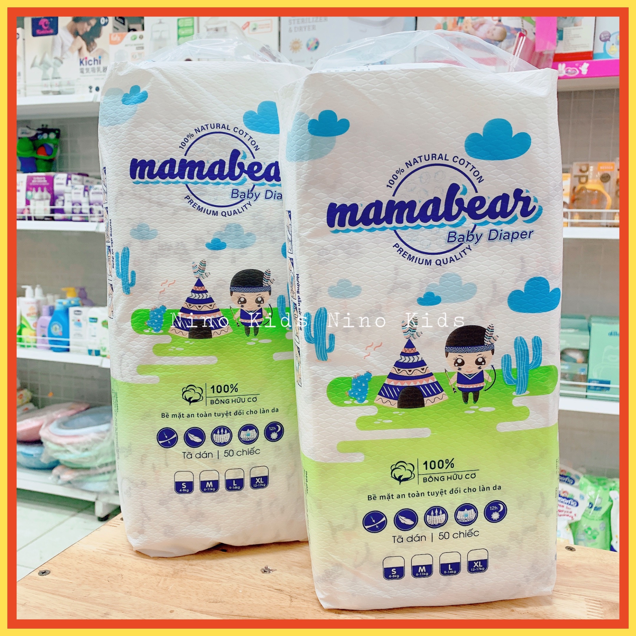 Bỉm/ Tã dán MamaBear chống hăm siêu mềm mỏng thấm hút nhanh bịch 50 miếng size S/M