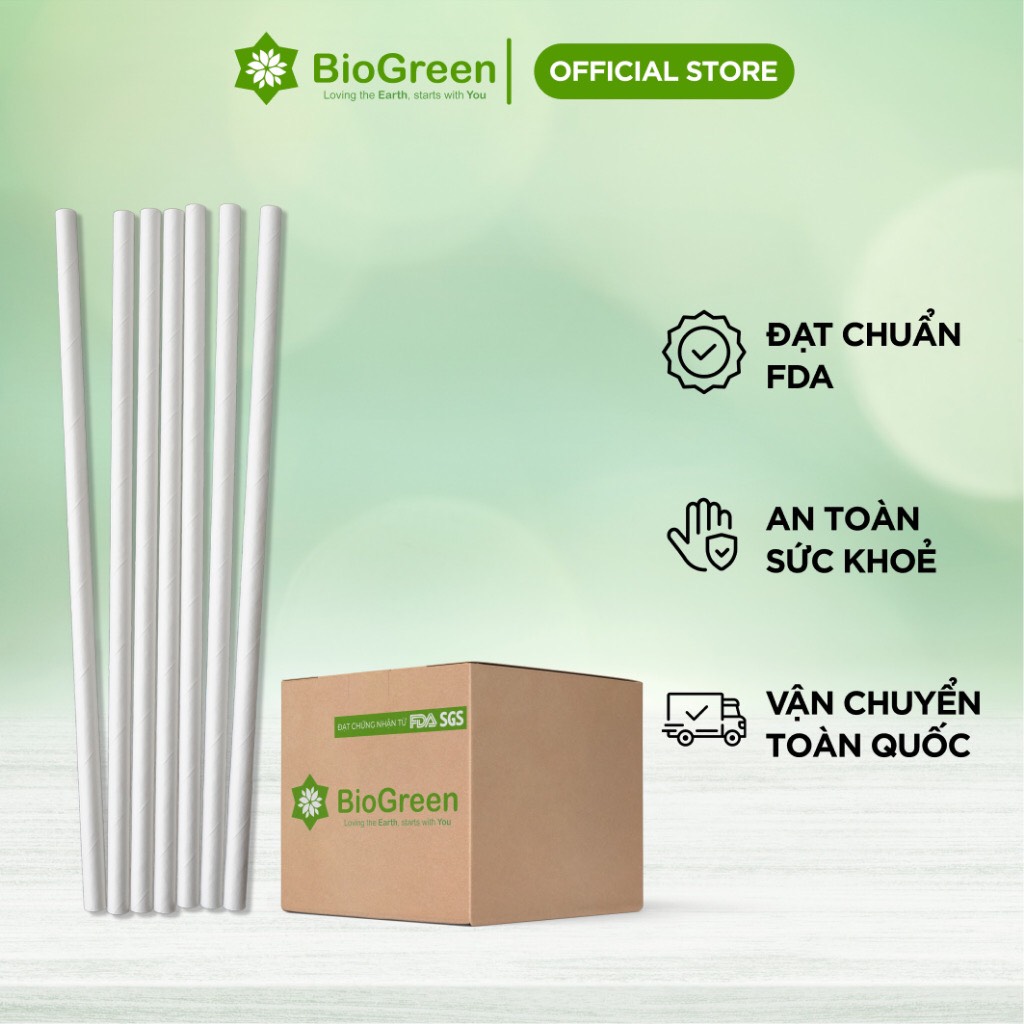 Giá sỉ thùng 1000 Ống hút giấy Biogreen các size 6, 8 - Màu trắng, nâu kraft - Bọc màng và Không bọc màng