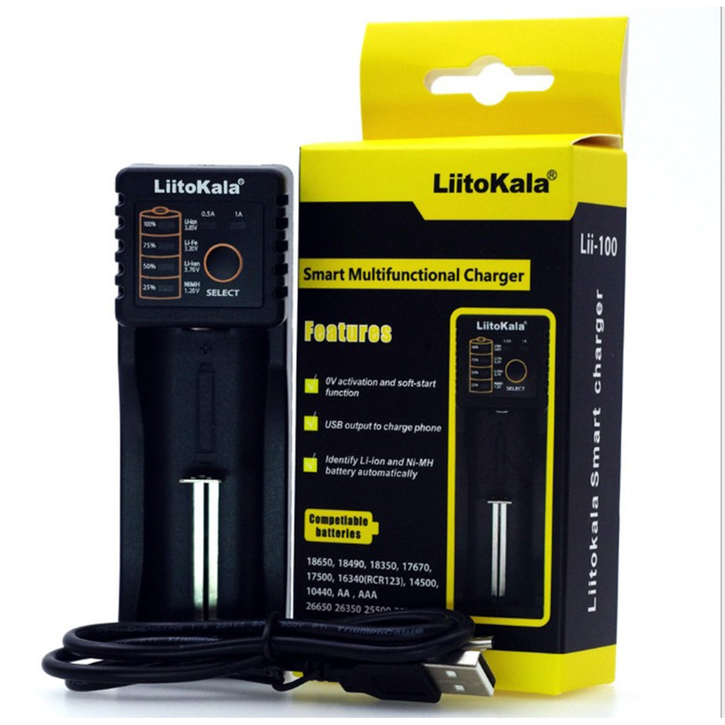 Sạc pin đa năng liitokala lii-100 một khe cho pin 18650, aa, aaa, 14500...
