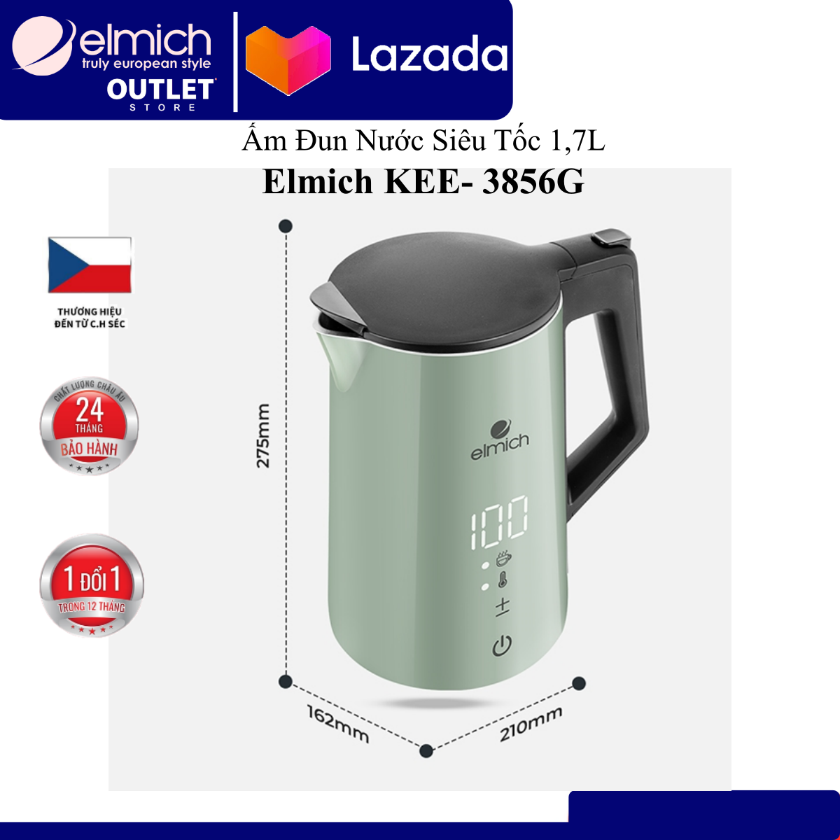 Ấm đun siêu tốc elmich 1,7l - điện áp 220v, công suất 2200w, màu: xanh và trắng