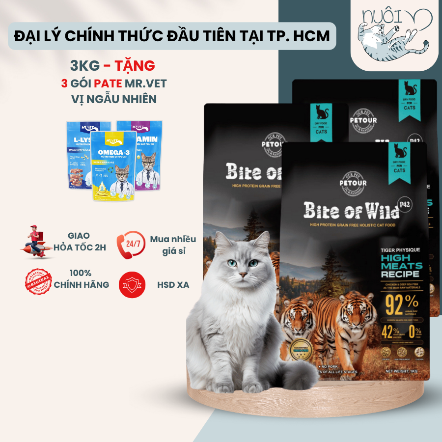 (Hỏa tốc) Nhiều quà tặng - Hạt thức ăn Bite Of Wild cho chó, mèo - 3 túi 1kg - Hạt fulltoping thịt sấy