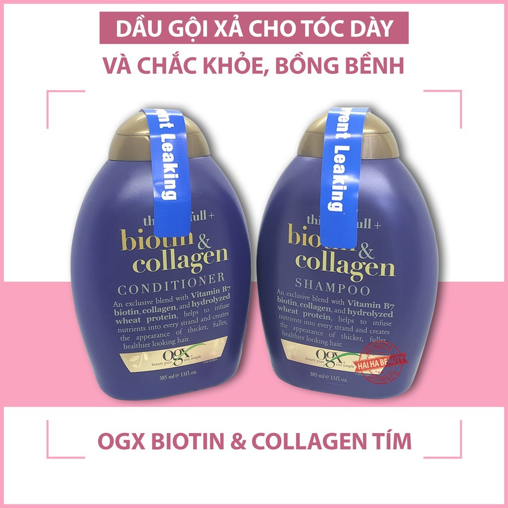 Cặp dầu gội xả suôn mượt và ngăn rụng tóc OGX Thick & Full + Biotin & Collagen Shampoo - Màu Tím