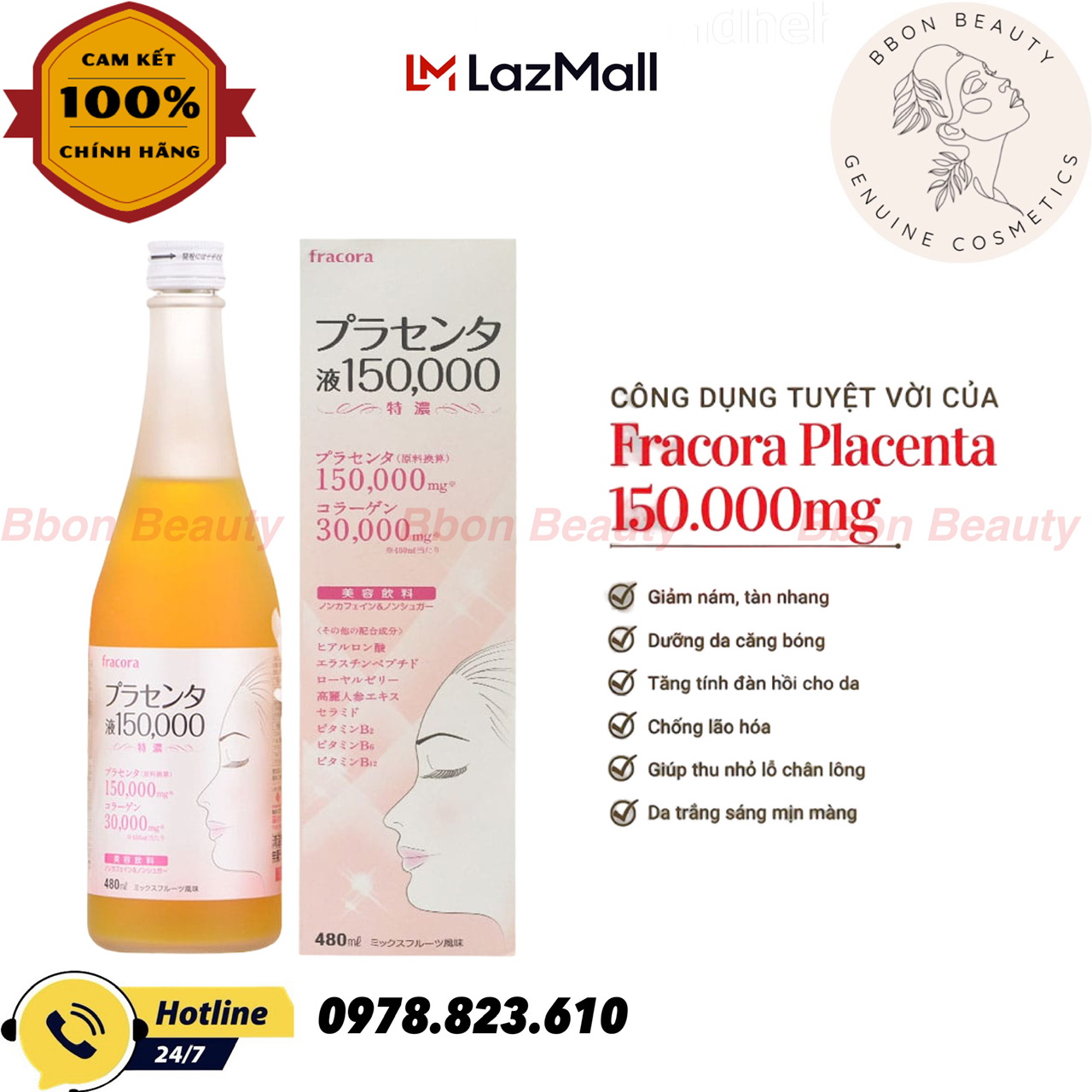 Nước Uống Đẹp Da Fracora Placenta Drink 150000mg Collagen 30000mg Từ Nhật Bản 480ml - BBon Beauty Chính hãng