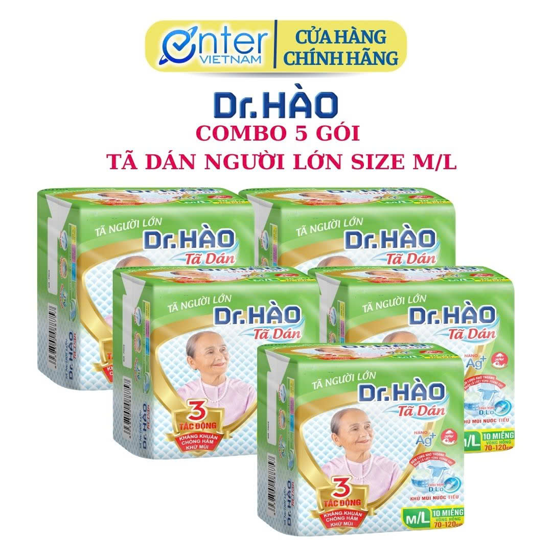   Hàng Chính Hãng  Tã Dán Người Lớn DR. HÀO Size M L gói 10 Miếng {Combo 5 gói} Bỉm dán người già siêu mềm siêu thấm kháng khuẩn khử mùi chống hăm. Tả giấy người lớn bỉm hỗ trợ người già người bệnh cần hỗ trợ 