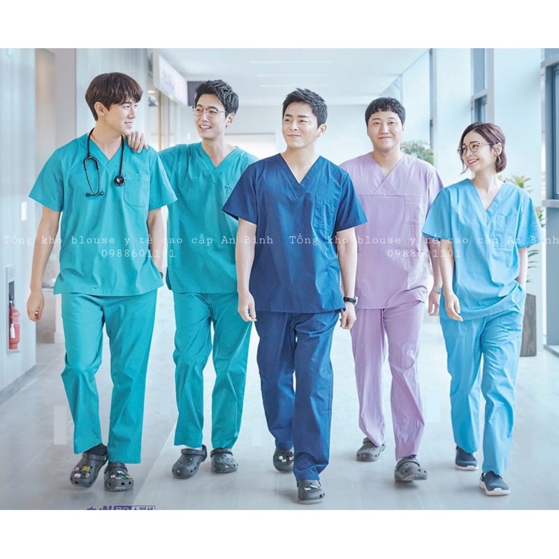 Bộ Scrubs bác sĩ blouse cổ tim đồng phục điều dưỡng spa thẩm mỹ viện dược sĩ hàng cao cấp VẢI COTTON HÀN CAO CẤP